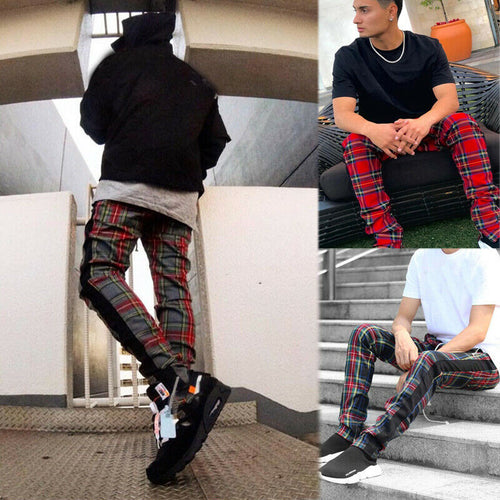 Mens Casual Pants Scotland Plaid Long Trousers Side Zipper Tracksuit Fitness Elastic Cotton Workout Trousers Male Modis Pants