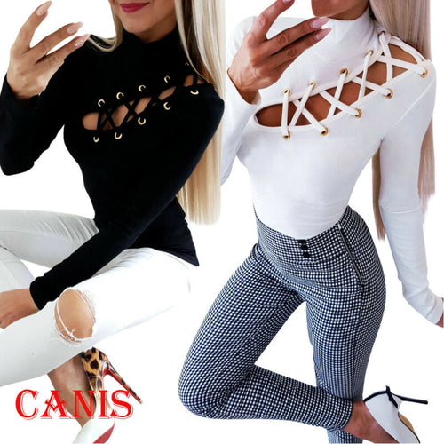 Sexy Women's Lace-Up Eyelet Hollow Out T-Shirt Ladies Solid Long Sleeve Slim Fit Turtleneck Blouse Backless Tops