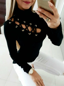 Sexy Women's Lace-Up Eyelet Hollow Out T-Shirt Ladies Solid Long Sleeve Slim Fit Turtleneck Blouse Backless Tops