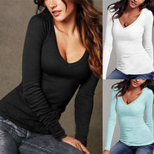 Charger l'image dans la galerie, Sexy Women Long Sleeve T-shirt V-neck Slim Fit Warm Autumn Spring Basic T-shirts Tops IK88